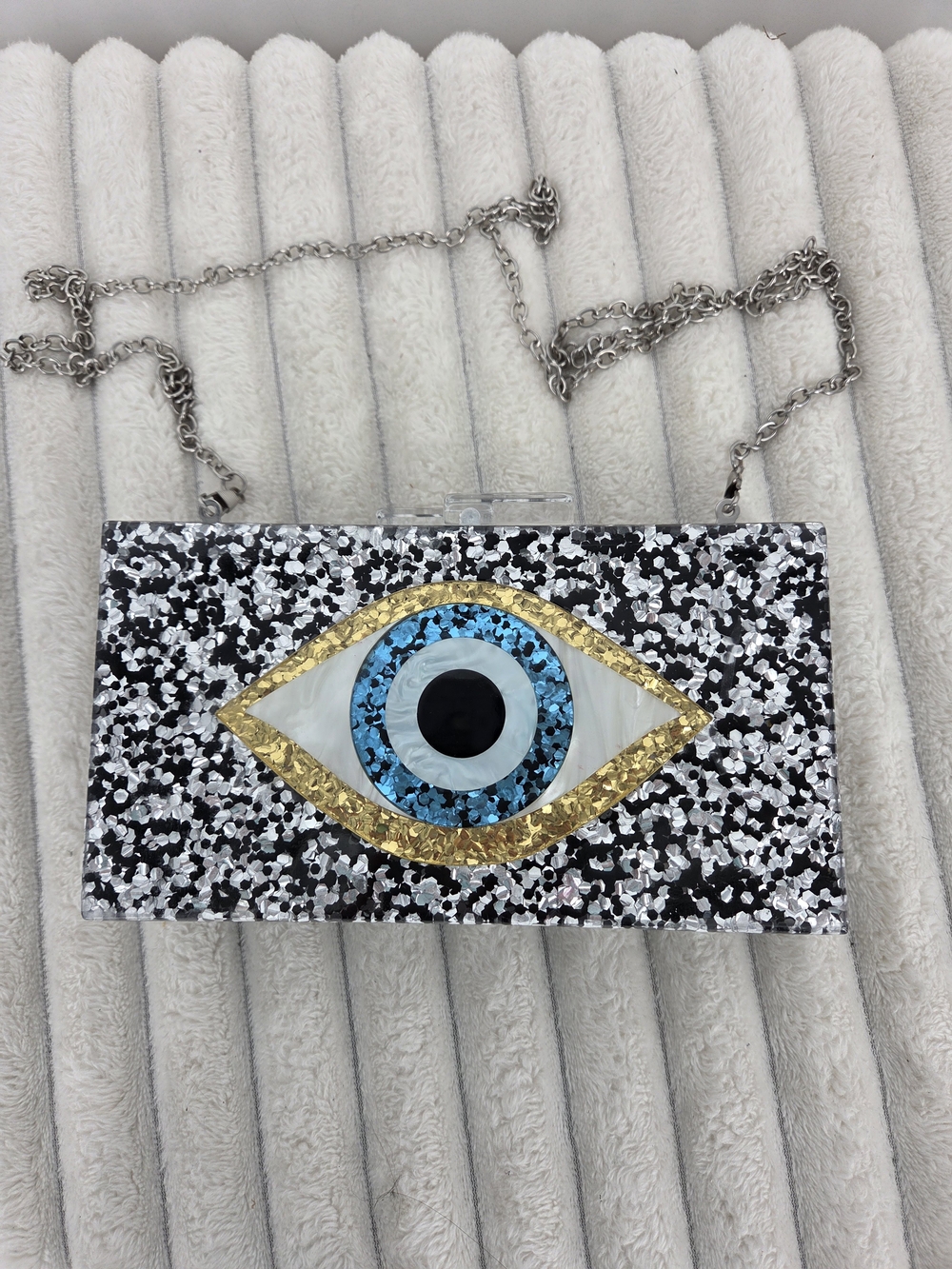 Evil Eye Glitter Acrylic Clutch Shoulder Bag in Black & Blue